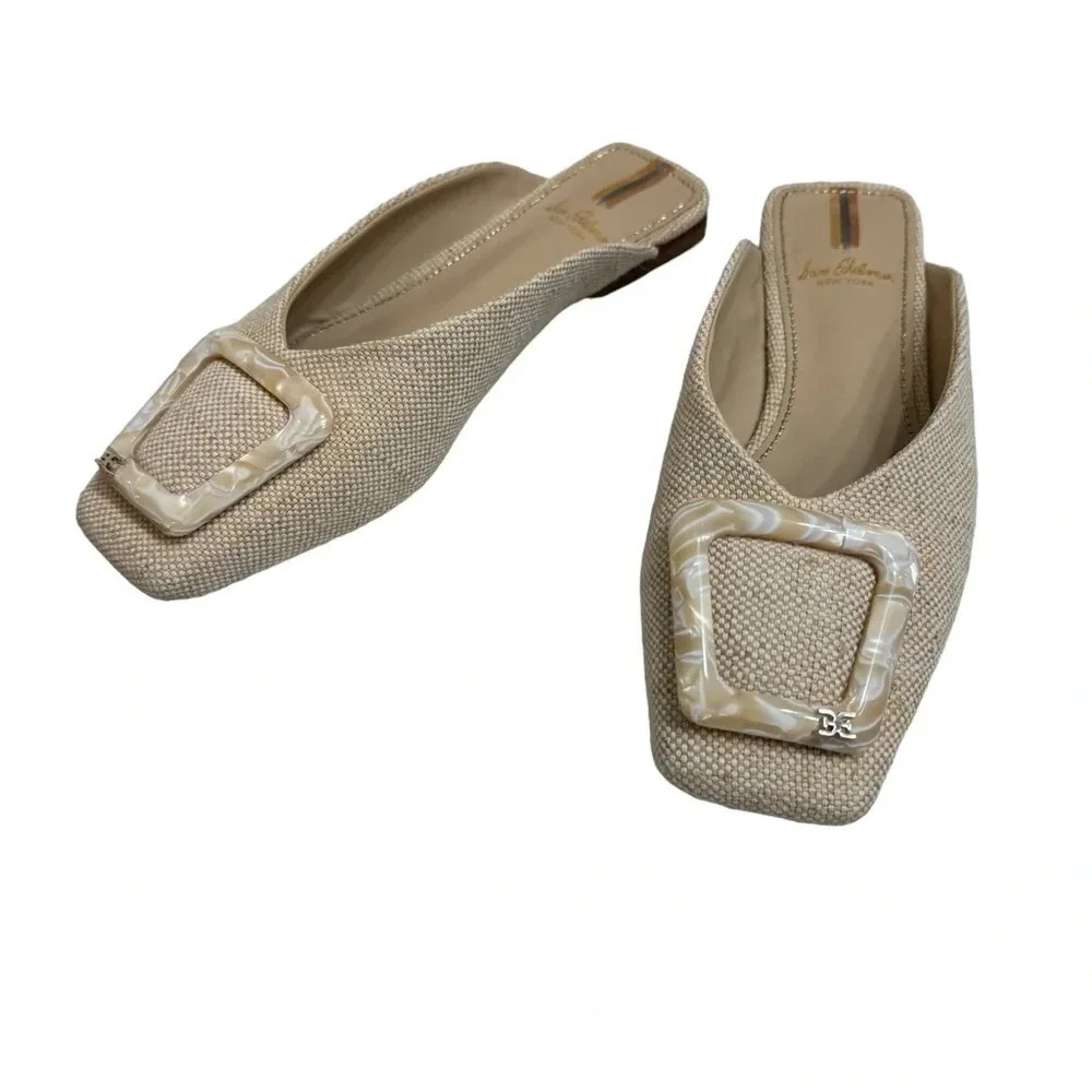 👡 Sam Edelman Lin Linen Buckle Square Toe Mules Flats‎ 🌾✨